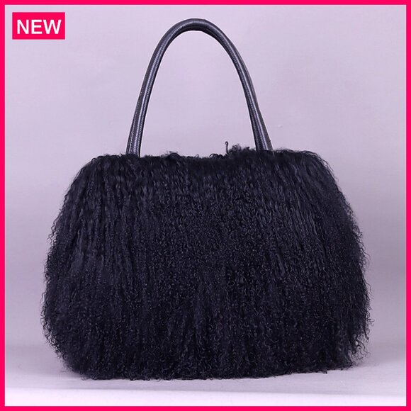 Luxury Real Lamb Mongolian Fur Shoulder Bag With Genuine Leather Handles - Picture 8 of 8